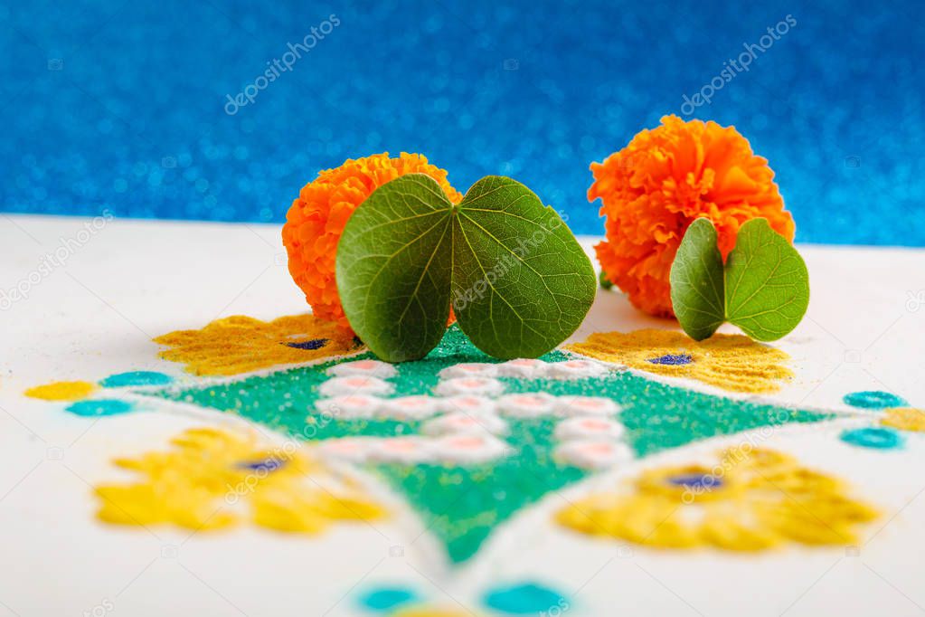 Happy Dussehra greeting card , green leaf and rice