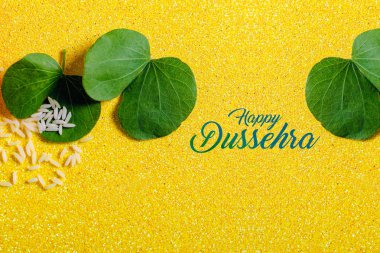 Mutlu Dussehra tebrik kartı, yeşil yaprak ve pirinç