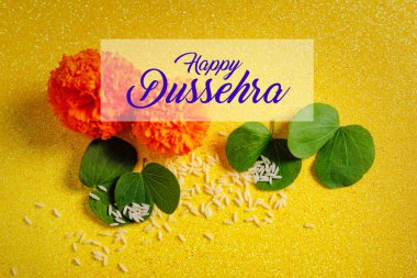 Mutlu Dussehra tebrik kartı, yeşil yaprak ve pirinç