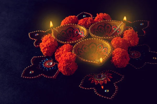Ινδικό Φεστιβάλ Diwali Diwali Rangoli Λαμπτήρα Και Λουλούδι — Φωτογραφία Αρχείου