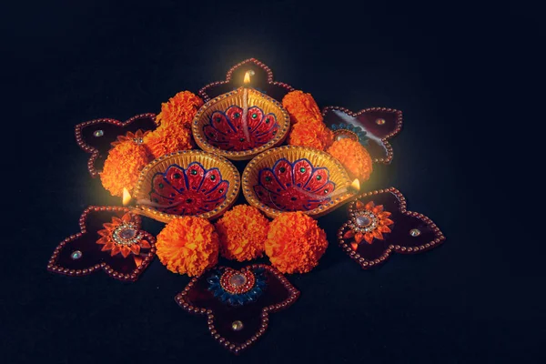 Indiska Festival Diwali Diwali Lampa Och Blomma Rangoli — Stockfoto