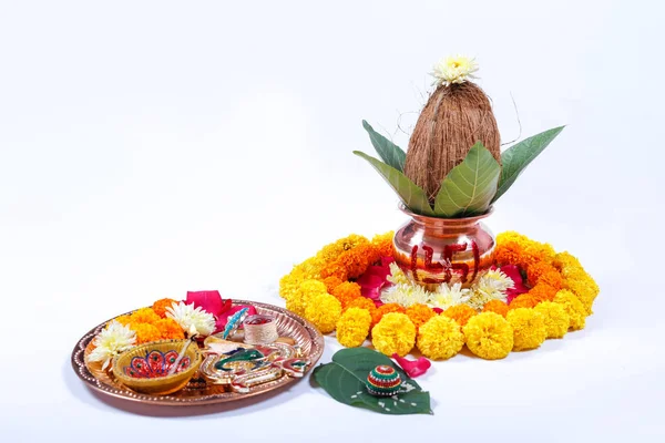 Copper Kalash Coconut Leaf Floral Decoration White Background Essential Hindu — Stock Photo, Image