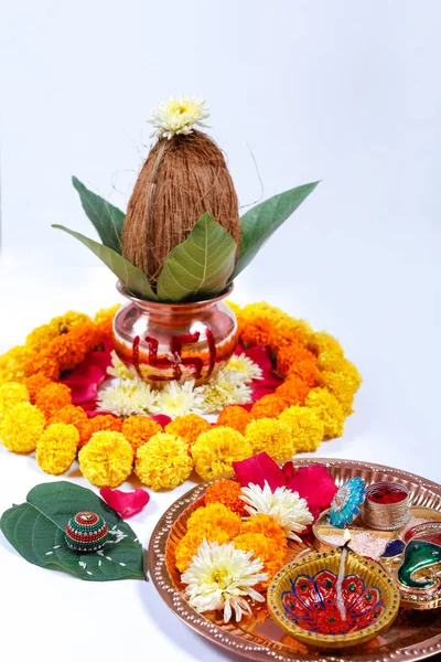Copper Kalash Coconut Leaf Floral Decoration White Background Essential Hindu — Stock Photo, Image