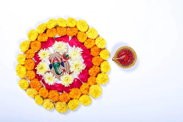 Nagietek Kwiat Rangoli Design Dla Diwali Festival Festiwal Indian Dekoracje — Zdjęcie stockowe