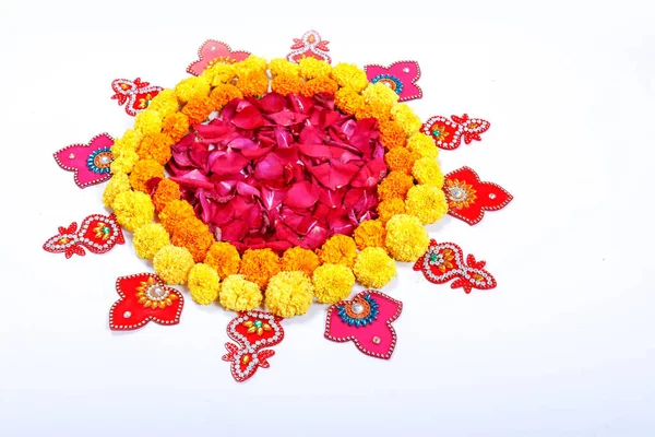 Marigold Flori Rangoli Design Pentru Festivalul Diwali Indian Festival Flori — Fotografie, imagine de stoc
