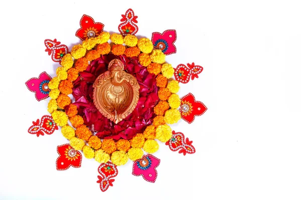 Marigold Λουλούδι Rangoli Σχεδιασμού Για Φεστιβάλ Diwali Ινδικό Φεστιβάλ Ανθοστολισμοί — Φωτογραφία Αρχείου