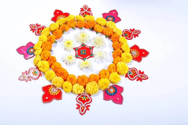 Marigold Flower Rangoli Desain Untuk Festival Diwali Festival India Dekorasi — Stok Foto