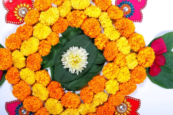 Marigold Flower Rangoli Design Diwali Festival Indian Festival Flower Decoration — Stock Photo, Image