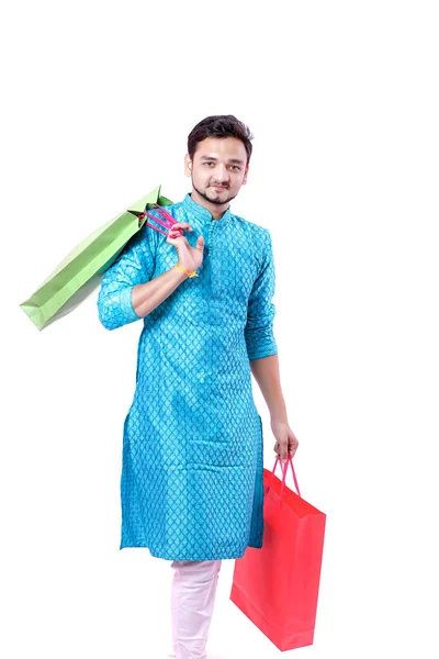 Indian Man Ethnic Wear Shopping Bags Isolated White Background — Stock Photo, Image