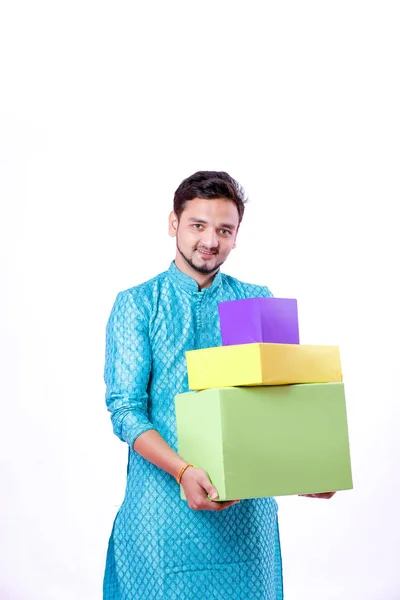 Indian Man Ethnic Wear Holding Gift Box Hand Isolated White — Stock Photo, Image