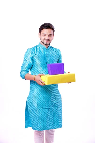 Indian Man Ethnic Wear Holding Gift Box Hand Isolated White — Stock Photo, Image