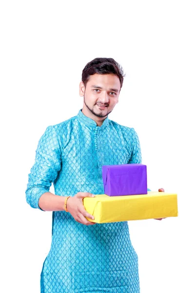 Indian Man Ethnic Wear Holding Gift Box Hand Isolated White — Stock Photo, Image