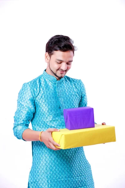 Indian Man Ethnic Wear Holding Gift Box Hand Isolated White — Stock Photo, Image