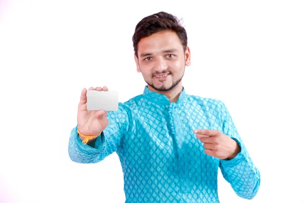 Indian Man Ethnic Wear Showing Card — Stock Photo, Image