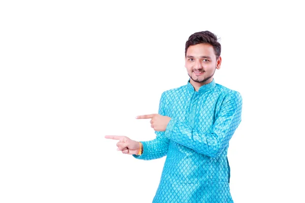 Indian Man Ethnic Wear Showing Gesture Hand Isolated White Background — Stock Photo, Image