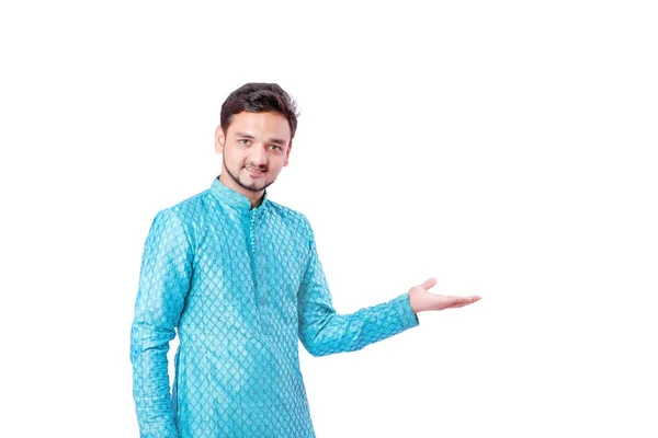 Indian Man Ethnic Wear Showing Gesture Hand Isolated White Background — Stock Photo, Image