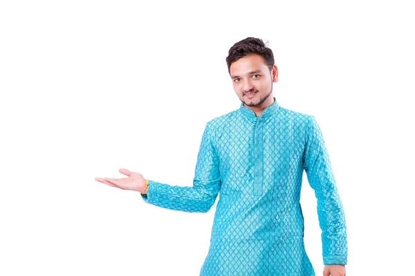 Indian Man Ethnic Wear Showing Gesture Hand Isolated White Background — Stock Photo, Image