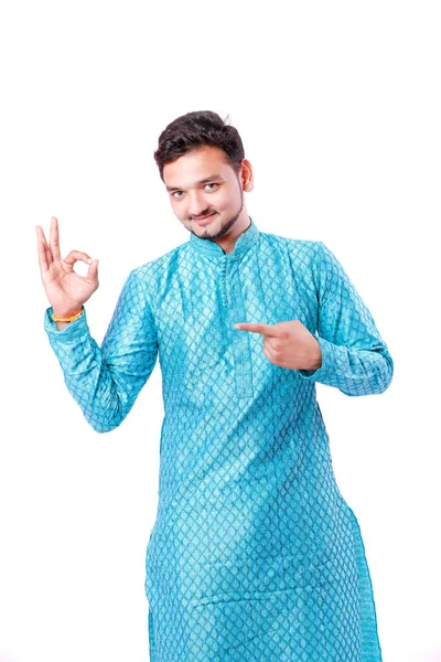 Indian Man Ethnic Wear Showing Gesture Hand Isolated White Background — Stok Foto