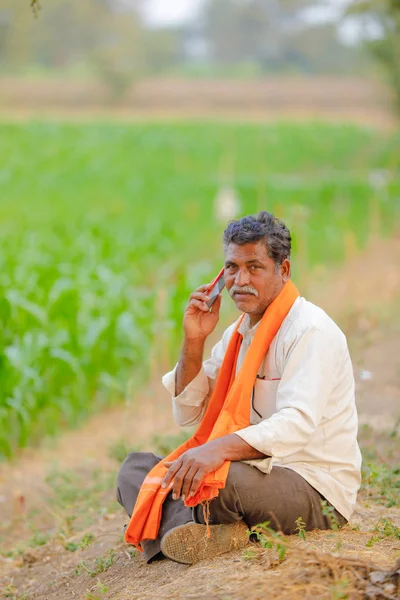 Indian Farmer Using Mobile Phone Corn Field — Stock Photo, Image