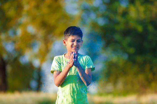 Indian Child Playing Color Holi Festival — Stock Photo, Image