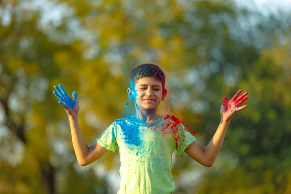 Indian Child Playing Color Holi Festival — Stock Photo, Image