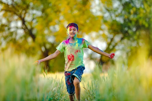 Indian Child Playing Color Holi Festival — Stock Photo, Image