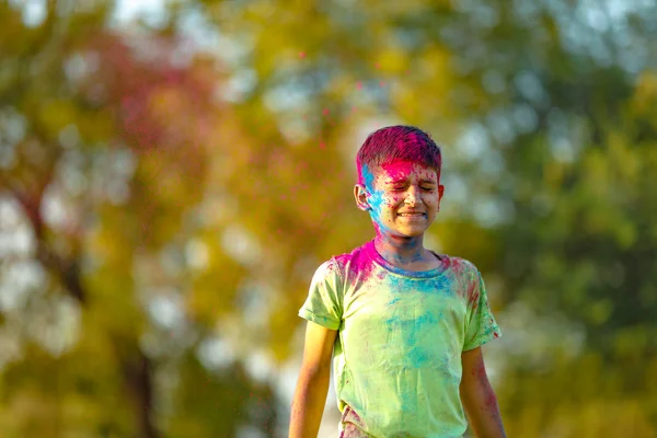 Indian Child Playing Color Holi Festival — Stock Photo, Image