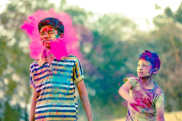 Two Indian Child Playing Color Holi Festival — Stock Photo, Image