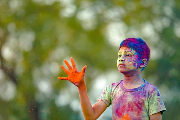 Indian Child Playing Color Holi Festival — Stock Photo, Image