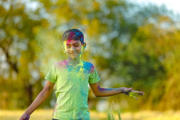 Indian Child Playing Color Holi Festival — Stock Photo, Image