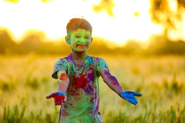 Indian Child Playing Color Holi Festival — Stock Photo, Image