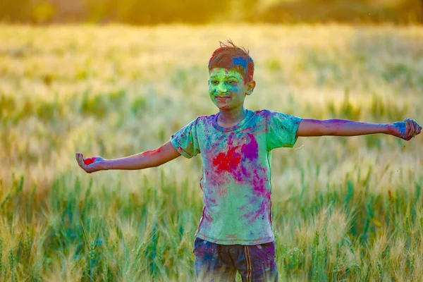 Indian Child Playing Color Holi Festival — Stock Photo, Image