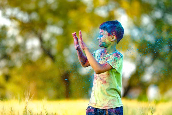 Indian Child Playing Color Holi Festival — Stock Photo, Image