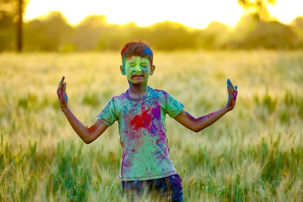 Indian Child Playing Color Holi Festival — Stock Photo, Image