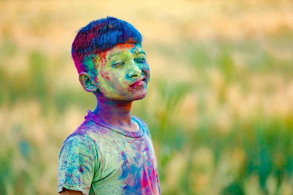 Indian Child Playing Color Holi Festival — Stock Photo, Image