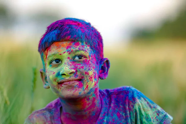 Indian Child Playing Color Holi Festival — Stock Photo, Image