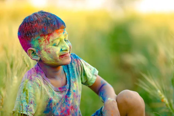 Indian Child Playing Color Holi Festival — Stock Photo, Image