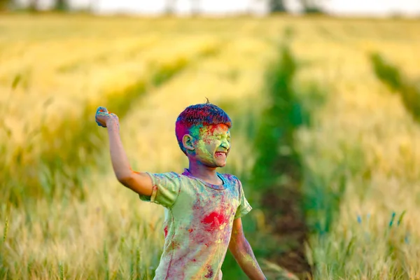 Indian Child Playing Color Holi Festival — Stock Photo, Image