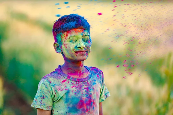 Indian Child Playing Color Holi Festival — Stock Photo, Image