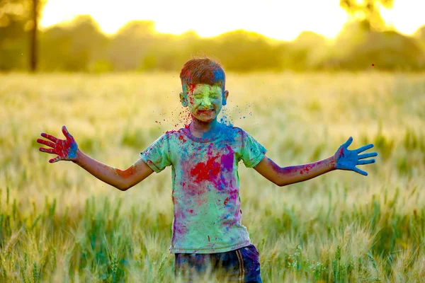 Indian Child Playing Color Holi Festival — Stock Photo, Image