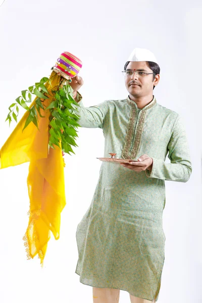 Gudi Padwa Marathi New Year Young Indian Celebrating Gudi Padwa — Stock Photo, Image