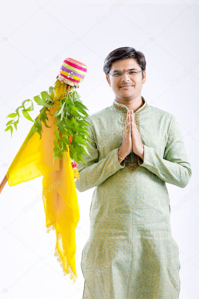 Gudi padwa marathi new year , young indian celebrating gudi padwa festival