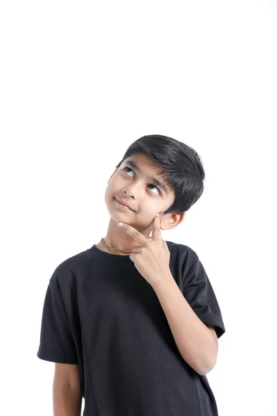 Cute Indian Boy Thinking Idea Looking Isolated White Background — Foto Stock