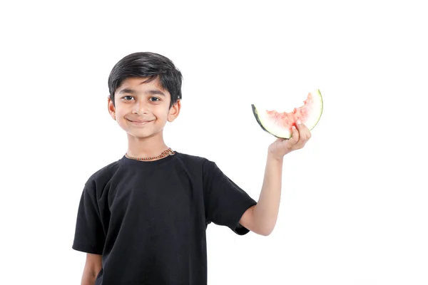 Little Indian Boy Eating Watermelon Multiple Expressions — Stockfoto