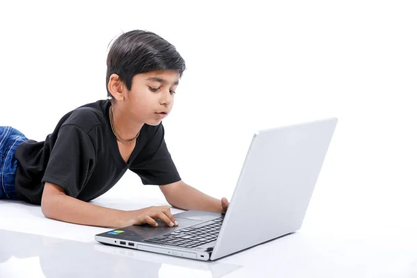 Cute Little Indian Asian Boy Studying Playing Game Laptop Computer — Stockfoto