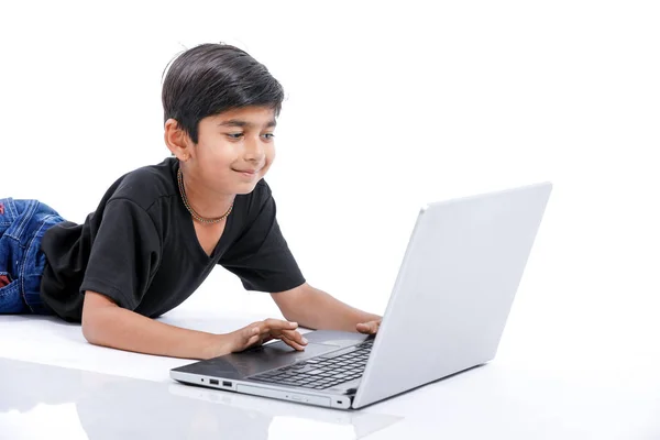 Cute Little Indian Asian Boy Studying Playing Game Laptop Computer — Stock fotografie