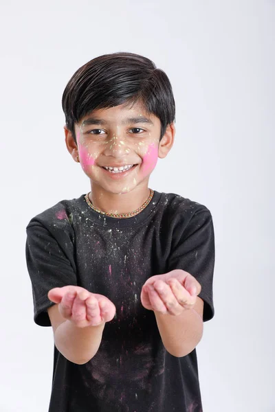 Indian Little Boy Playing Color Giving Multiple Expressions Holi Festival —  Fotos de Stock