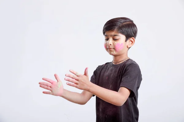 Indian Little Boy Playing Color Giving Multiple Expressions Holi Festival — Φωτογραφία Αρχείου
