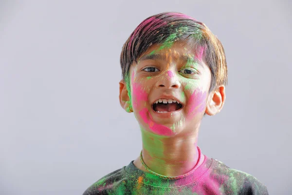 Indian Little Boy Playing Color Giving Multiple Expressions Holi Festival —  Fotos de Stock