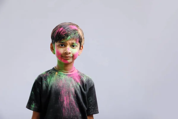 Indian Little Boy Playing Color Giving Multiple Expressions Holi Festival — Stockfoto